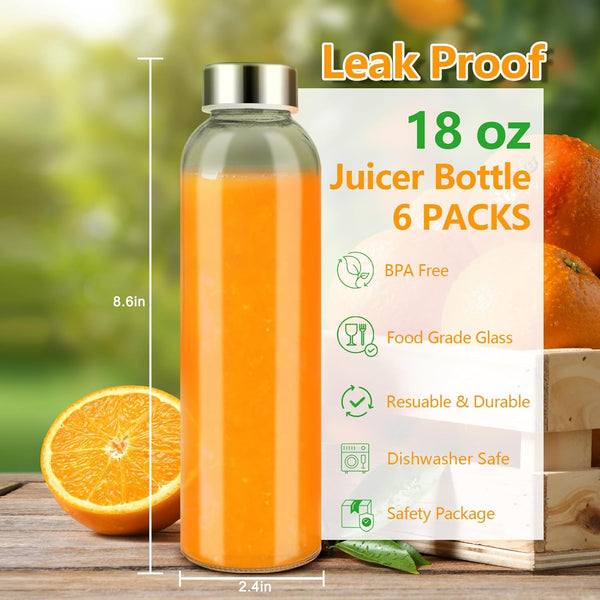 Zukro Glass Juice Bottles with Lids for Juicing 18 Oz, Reusable Clear Glass Water Bottles with Stainless Steel Airtight Cap for Refrigerator, 100%