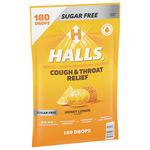 HALLS Cough & Throat Relief Honey Lemon Sugar Free Cough Drops, 180 ct | No Synthetic Dyes, Bulk Pack Honey-Lemon 180 Count (Pack of 1)