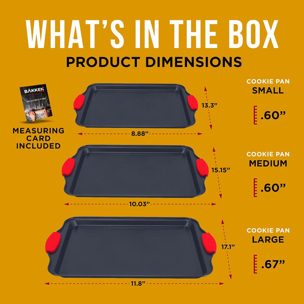 Baking Pan Set – 3 Piece Cookie Sheet – Deluxe Black Non-Stick Carbon Steel – Silicone Handles – Commercial Grade Restaurant Quality – PFOA PFOS
