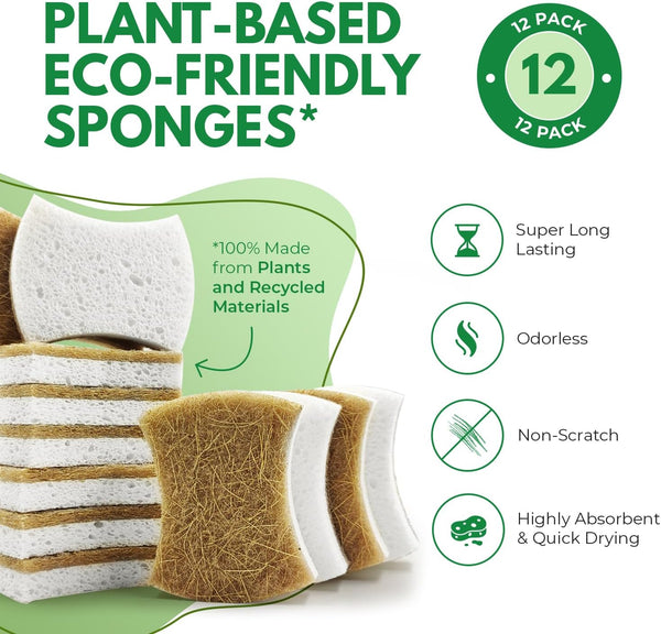 AIRNEX Natural Kitchen Sponges (12 Pack) - Biodegradable Cellulose & Coconut Scrubber Dish Sponge for Kitchen - Eco-Friendly, Non Scratch,