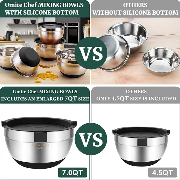 Umite Chef Mixing Bowls with Airtight Lids，6 piece Stainless Steel Metal Nesting Storage Bowls, Non-Slip Bottoms Size 7, 3.5, 2.5, 2.0,1.5, 1QT,