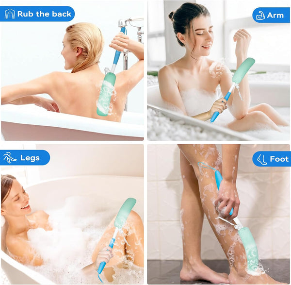 15.35" Back Bath Brush with Sponge,Back Scrubber Bath Mesh with Curved Long Handle Bath Body Brush for Elderly Aid Bathing and Shower Black+Pink