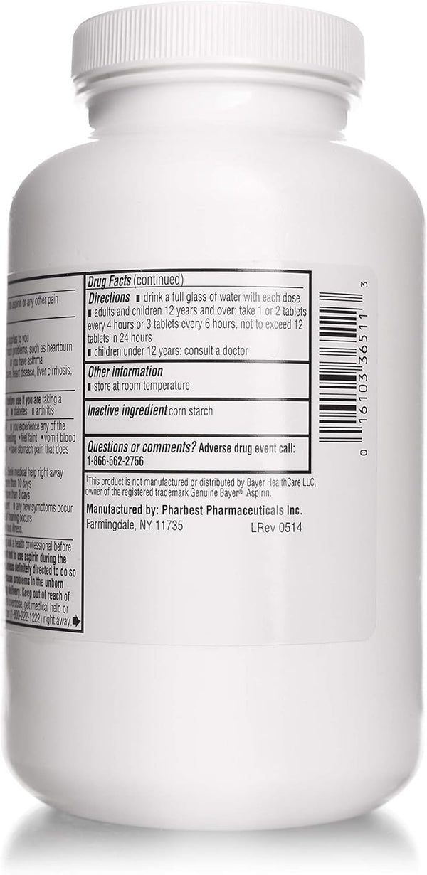 PHARBEST Aspirin 325 mg | Regular Strength | 1000 Count Uncoated Tablets
