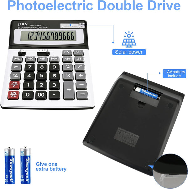Desk Calculator 12 Digit Extra Large LCD Display, Touch Comfortable with Big Buttons, PXY Two Way Power Battery and Solar Standard Function Office