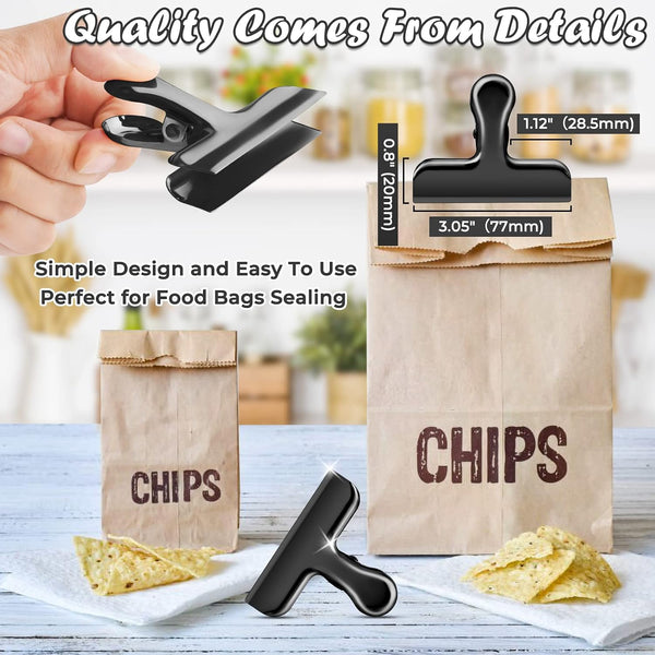 ANZNKU Chip Clips 12 Packs, Black Metal Bag Clips for Food Storage, Stainless Steel Food Clip for Bread Snack Coffee, Heavy Duty Chip Bag Clip for