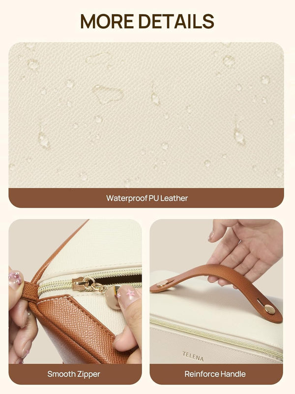 Telena Makeup Bag Large Capacity Travel Cosmetic Bag Portable PU Leather Water Resistant Makeup Organizer Bags for Women with Handle and Divider