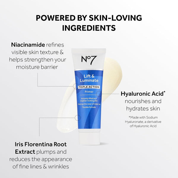 No7 Lift & Luminate Primer - Hydrating Primer with Niacimamide - Creates Smooth Base for Makeup Application & Illuminates Skin Glow (30Ml)