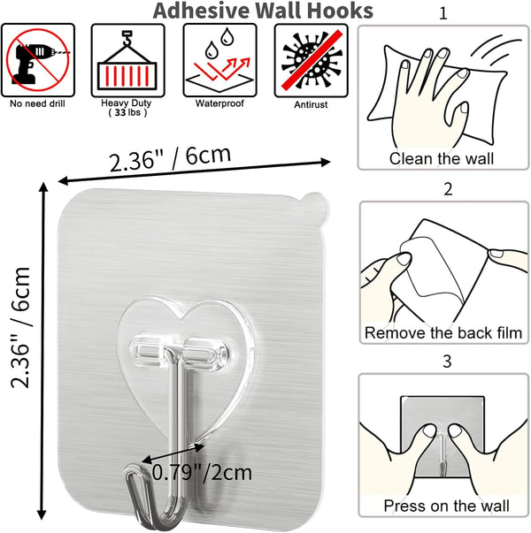 DGYB 20 Pcs Silver Adhesive Hooks for Hanging 22lb Self Adhesive Wall Hooks Heavy Duty Waterproof Sticky Hook for Shower Home Bathroom Kitchen