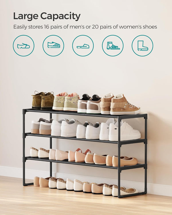 SONGMICS Shoe Rack, 3-Tier Shoe Organizer, Metal Storage Shelf, Upright or Upside Down, for 16-20 Pairs, Stackable, for Entryway, 11.8 x 36.2 x