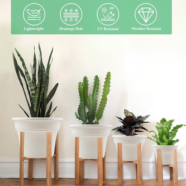Pottiffe 10 Inch Plastic-Flower-Pot-for-Indoor-Plants, 4 Pack Large Outdoor Planter Pot with Drainage Holes & Saucers, Resin Decorative Garden