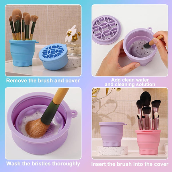 Makeup Brushes Cleaner Mat with Brush Storage Holder, Folding Portable Washing Tool for Makeup Brush Cleaning, 2 in 1 Silicone Brush Cleaner Pad &