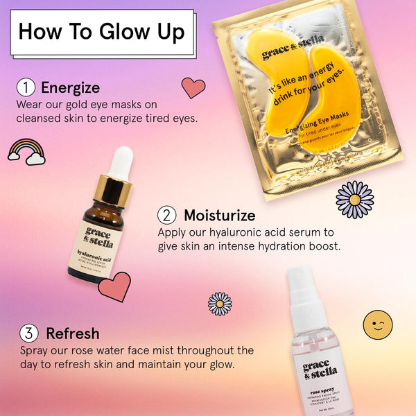 Grace & Stella Award-Winning Mothers Day Gifts for Mom, Birthday Gifts for Women - Travel Essentials with Gold Eye Masks, Hyaluronic Acid Serum &