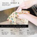 Honeybee Beeswax Wraps - Kitchen Starter Pack with Wax Replenish Block - Certified Organic Cotton Beeswax Wrap - Reusable Beeswax Food Wrap - 3