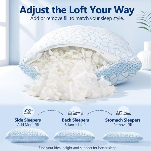 QUTOOL Enhanced Cooling Pillows for Sleeping, Shredded Memory Foam Pillows 2 Pack, Bed Pillows Queen Size Set of 2, Support yet Soft Pillow for