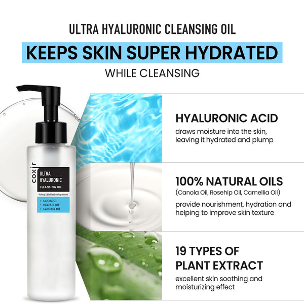 Coxir ULTRA HYALURONIC CLEANSING OIL L Gentle Korean Facial Cleanser, Blackhead, Makeup Removal with Hyaluronic Acid, Plant-Based Oils, No Mineral