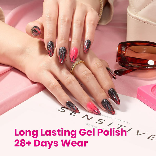 Beetles Hot Pink Gel Nail Polish Set, Electric Carnival Glitter Gel Polish | 6 Colors Glitter Purple and Black Shimmer Dreamy Swirl Thread Effect,
