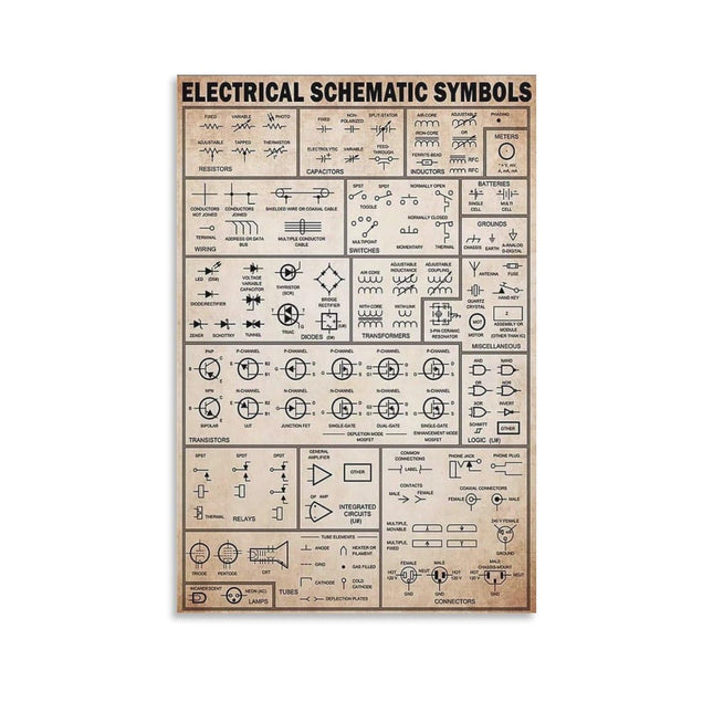 Circuit Diagram Symbols, Electronics Cheat Sheet, Retro Knowledge Electrician Gift Poster Print for Teen Boys Room Wall 