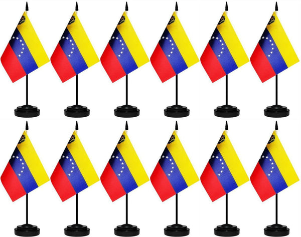 12 Pcs Venezuela Desk Flags Set, Venezuelan Small Mini Table Office Mini Desktop Flag With Black Flagpole and Black Base For Home Office