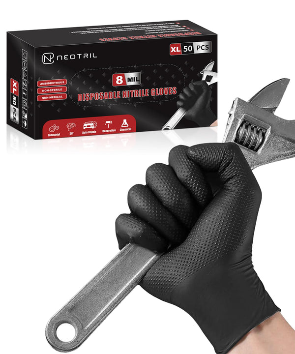 NEOTRIL 8 Mil Heavy Duty Disposable Nitrile Gloves with Diamond Texture Grip Rubber Gloves Latex & Powder Free Large Box of 50 / Black