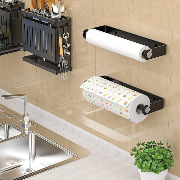Aheucndg Under Cabinet Paper Towel Holder, Black | Self Adhesive, Wall Mount, for Kitchen or Bathroom, Paper Towel Rack Black 1pack