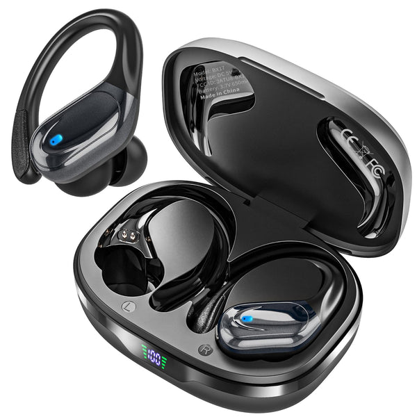 Catitru Wireless Earbuds Bluetooth Headphones 80H Playback Ear Buds Power Display with Noise Canceling Mic with Earhooks for Sports/Workout - Black