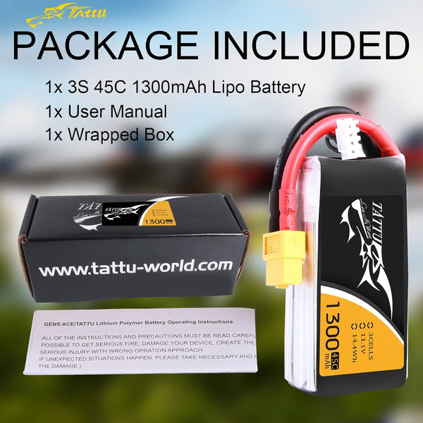 TATTU 3S 11.1V 1300mAh 45C LiPo Battery Pack with XT60 Plug for Eachine Wizard X220 QAV250 QAV180 210 Vortex 285 Mini H FLIP FPV 250S Emax