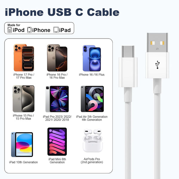 Cveael Car Carplay Cable for iPhone 17 16 15 Pro Max Air 16 15 Plus, 3FT USB A to USB C Cord for iPad 10th Gen Pro Air 5th 4th Mini 6th Gen, Car