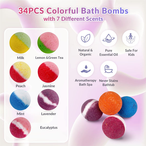 34 + 6 Bath Bombs with Crystal Toys Inside for Kids, 34PCS Organic Surprise Bath Bomb Gift Set for Christmas, Birthday, Easter, Natural Fizzy Bath