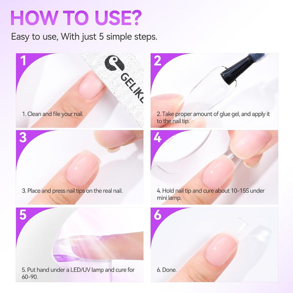 Gelike EC Gel Nail Glue for Press Ons: 6 in 1 Strong UV Nail Glue for Nail Tips and Acrylic Nail - Long Lasting 28 Days Hold Quick UV Cure - Hema
