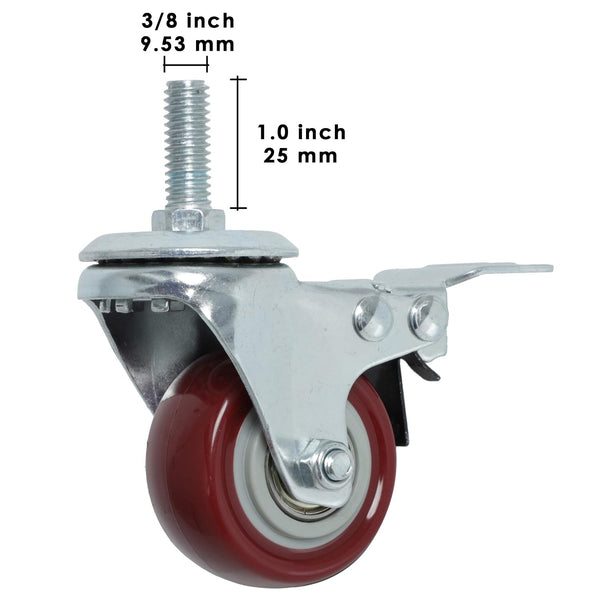 Finnhomy Swivel Caster Wheels 2 Inch Heavy Duty Threaded Stem Casters 3/8"-16x1 with Brake Set of 4 Premium Polyurethane Wheels PU Load Bearing