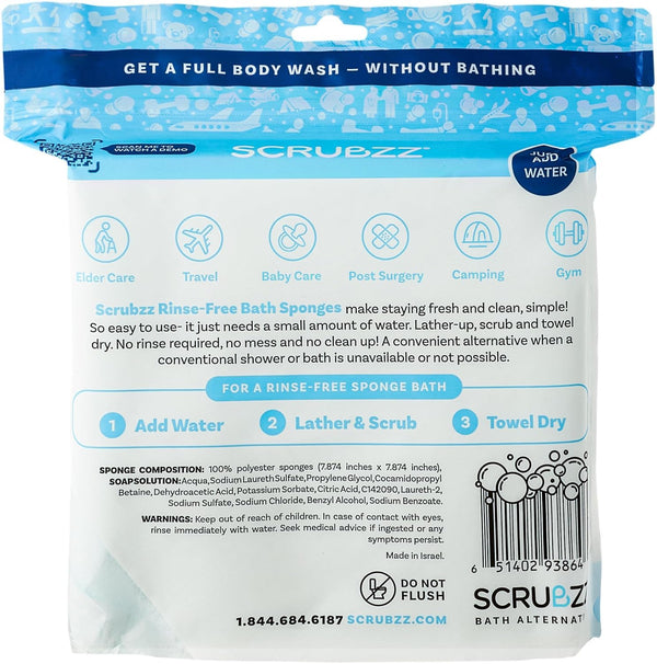 Scrubzz Disposable Rinse Free Bathing Wipes - 25 Pack - All-in-1 Single Use Shower Wipes, Simply Dampen, Lather, and Dry Without Shampoo or