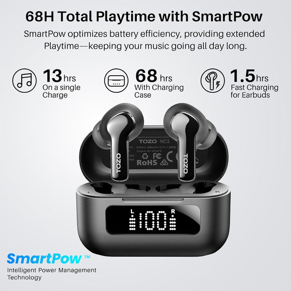 TOZO Hybrid Active Noise Cancelling Wireless Earbuds with 6 Mics AI Clear Call Ear Buds 55H Playtime with LED Display 32 Preset Eqs via APP