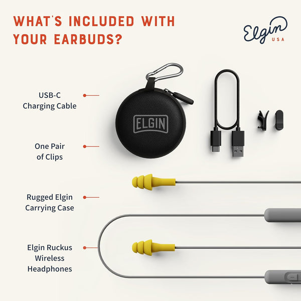 Elgin Ruckus Wireless Bluetooth Earplug Headphones, 25 dB NRR, Noise Canceling Mic, 12-Hour Battery, IP65 Sweatproof, Compliant with OSHA Hearing