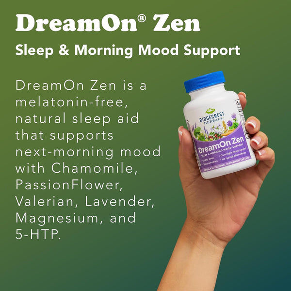 Ridgecrest Herbals Dreamon Zen, Sleep Support Supplement, Melatonin Free, Magnesium, 5-HTP, Lavender, Chamomile, Valerian, Lemon Balm for Adults