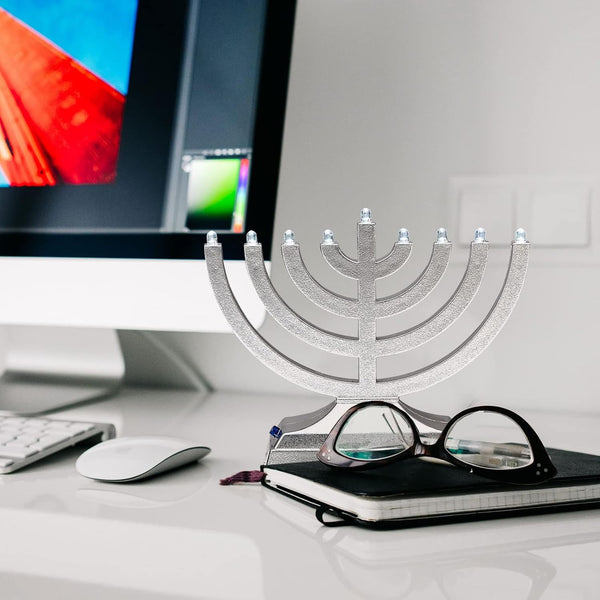 Rite Lite Go Mini Metallic Electric Menorah - LED Battery/USB Powered Chanukah Jewish Holiday - Office Car Home Decorations Judaica Hanukkah