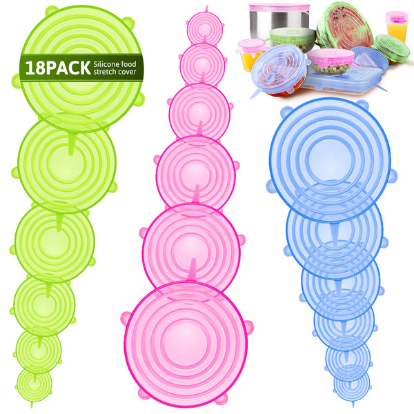BFONS 18 Pack Silicone Stretch Lids, 6 Different Sizes, 100% Safe Food Grade Silicone to Meet Most Container, Microwave Cover for Food Storage,