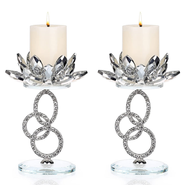 Ownmy Set of 2 Crystal Lotus Flower Candlestick Holders Metal Glass Lotus Pillar Candle Holders, Silver Crystal Lotus Vo