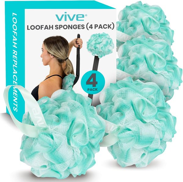 Vive Loofah Sponge Replacement (4 Pk) Shower & Bath Pouf Scrubber for Back & Body Exfoliation, Works with Vive Interchangeable Loofa Handle Long