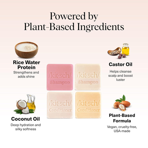 Kitsch 4Pc Sampler Solid Shampoo and Conditioner Set - Rice Bar & Castor Oil Shampoo and Rice Bar & Coconut Oil Deep-Moisturizing Hair