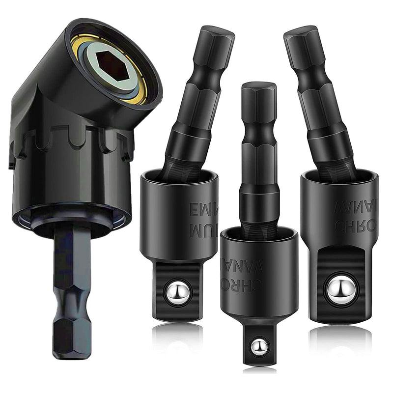 Right Angle Drill Adaptor,4-in-1 Impact Drill Bit Extension,360° Rotatable 1/4 3/8 1/2" Impact Grade Socket Adapter Set,105 Degree Angle