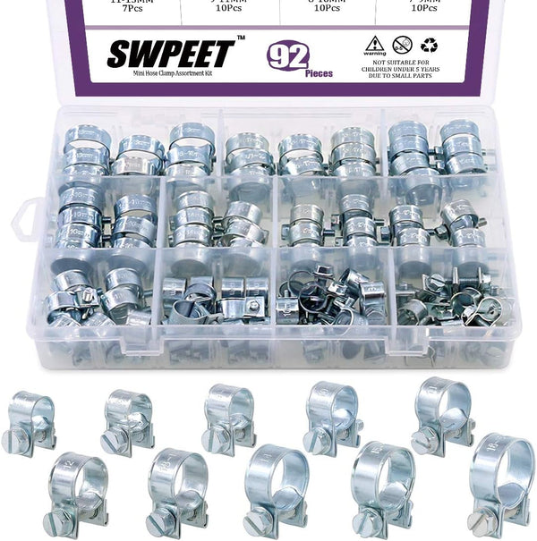 Swpeet 92Pcs 10 Sizes Zinc Plated Mini Fuel Injection Line Style Hose Clamp Assortment Kit Perfect for Automotive, Agriculture, Plant & Construction