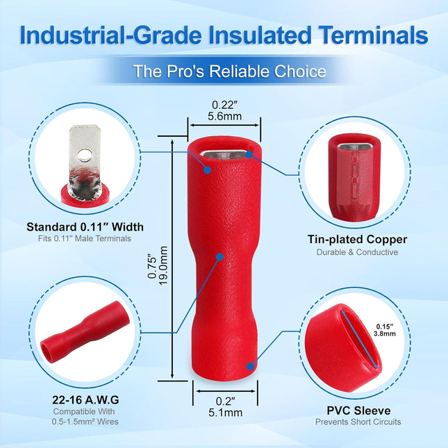 Baomain 0.11" Red Female Insulated Spade Wire Connector Electrical Crimp Termina