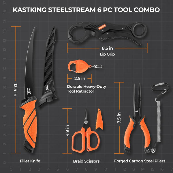 Kastking Steelstream 6Pc Fishing Tool Kit - Corrosion Resistant Fishing Pliers with Lanyard, Fillet Knife, Floating Fish Lip Gripper, Fishing