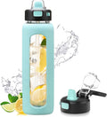 Kodrine 32 Oz Glass Water Bottle with Straw and Carry Loop, One-Touch Leakproof Locking Lid, Reusable Drinking Bottle with Time Marker for Travel