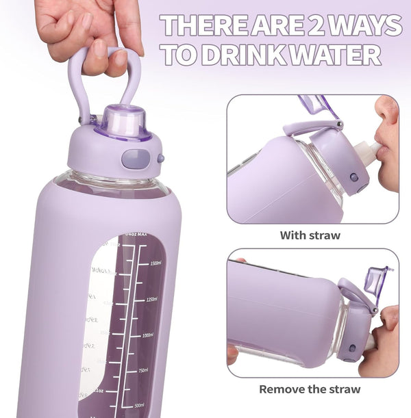 SIEROZUR 64 oz Glass Water Bottle with Straw and Handle Half Gallon Large Water Bottle with Silicone Sleeve and Time Marker Sports Water Jug Wide