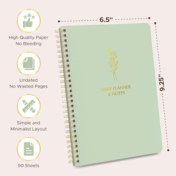 Simple Daily Planner Undated with Hourly Schedule - 6.5X9.25" Sage Green Day Planner & Spiral to Do List Notebook - Aesthetic and Cute Work