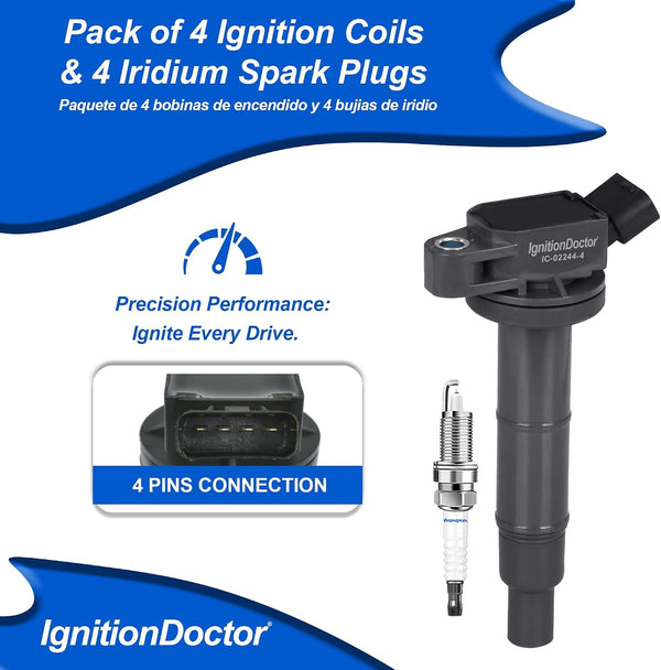 QDVX Ignition Coil and Spark Plugs - Pack of 4 - UF333 Compatible with 2.4L 02-11 Toyota Camry, 01-08 Rav4, 02-06 Solara, 01-07 Highlander, 09-10