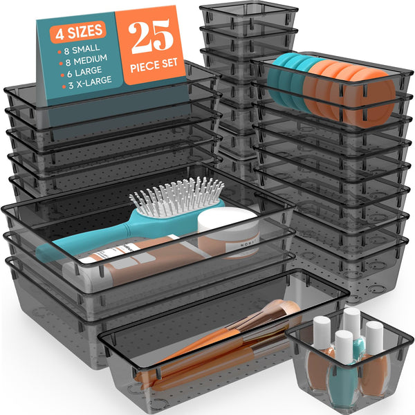 SpaceHacks 25 PCS Plastic Drawer Organizer Set, 4-Size Versatile Organizer Tool Trays & storage Bins for Makeup, Jewelry, and Gadgets in Bathroom,