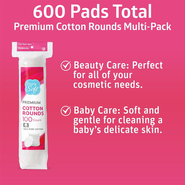 Simply Soft Premium Cotton Rounds, 100% Pure Cotton, Absorbent Cotton Pads, 100 Count (Pack of 6)