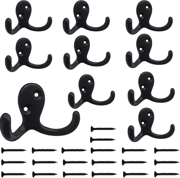 Kruodop 10 Pack Wall Hooks Wall Mounted Coat Hooks for Hanging Heavy Duty, Black Towel Hooks, Metal Double Coat Hanger with Screws Cup Retro for